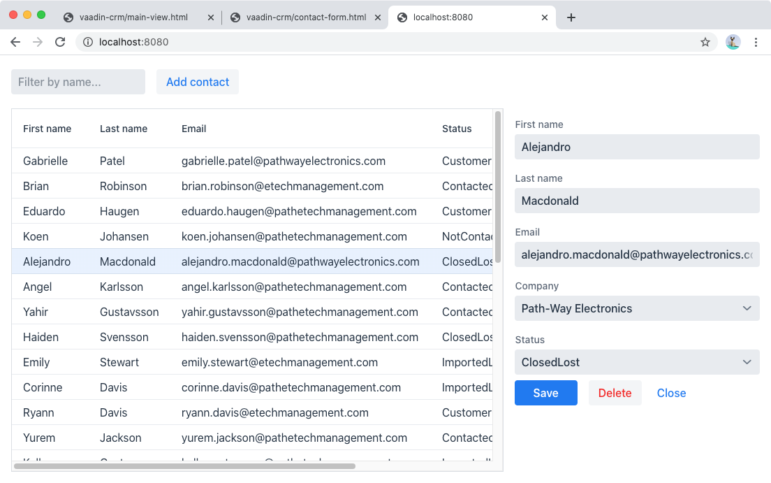 Form populated with the selected contact’s details.