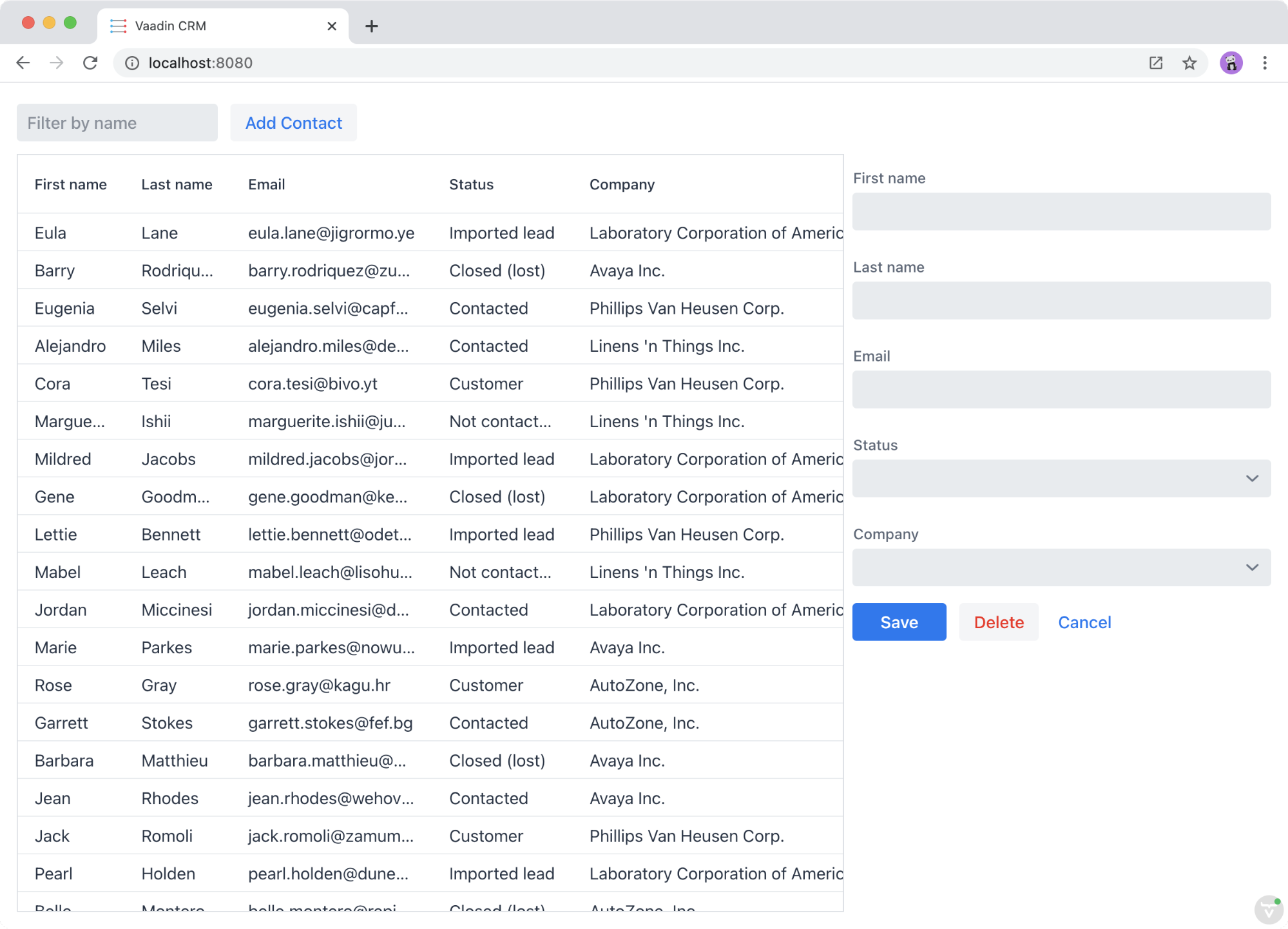 List view showing contacts in the data grid