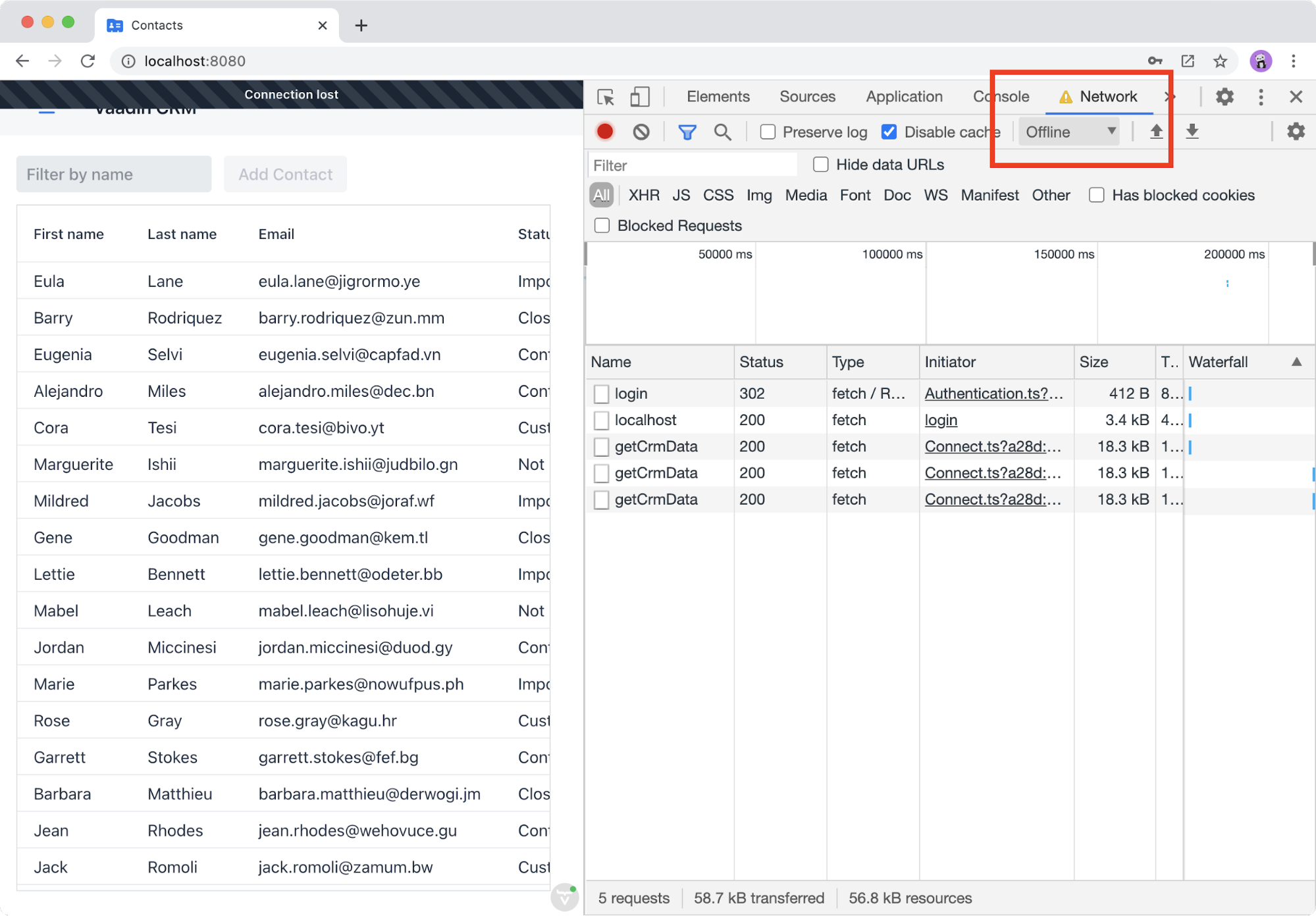 You can simulate an offline connection through the network panel of Chrome DevTools