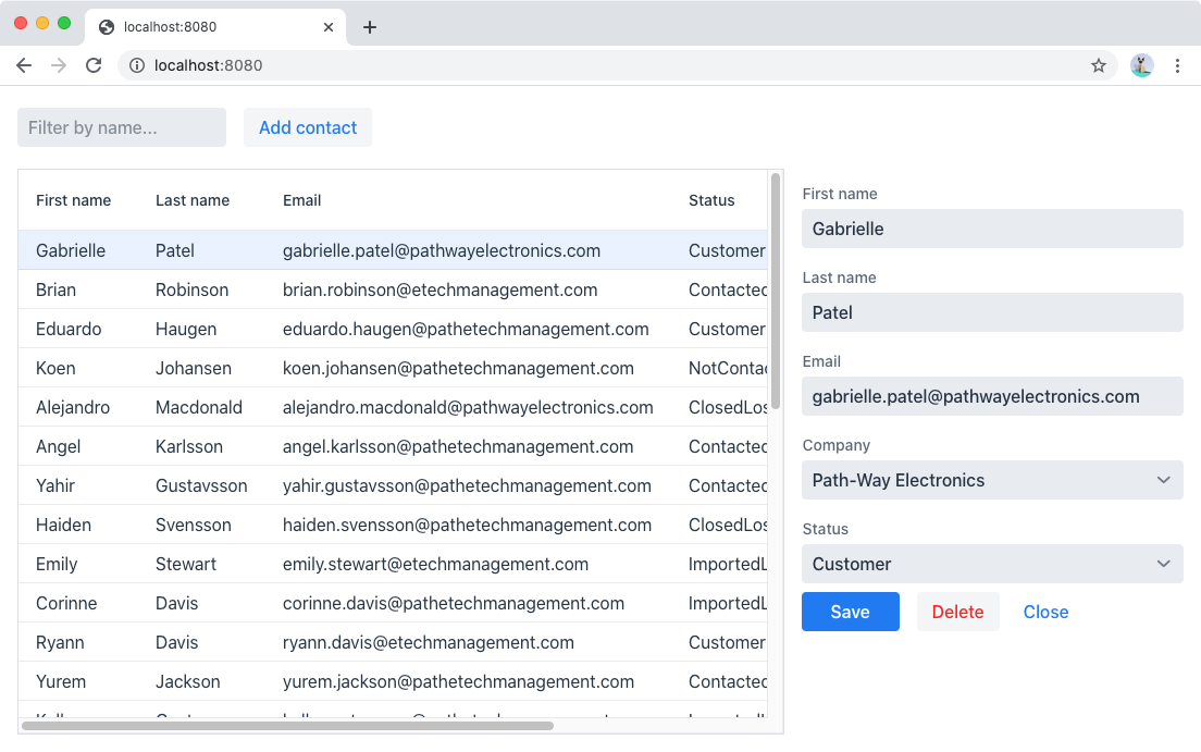 A web application with a listing of contacts and an editor open.