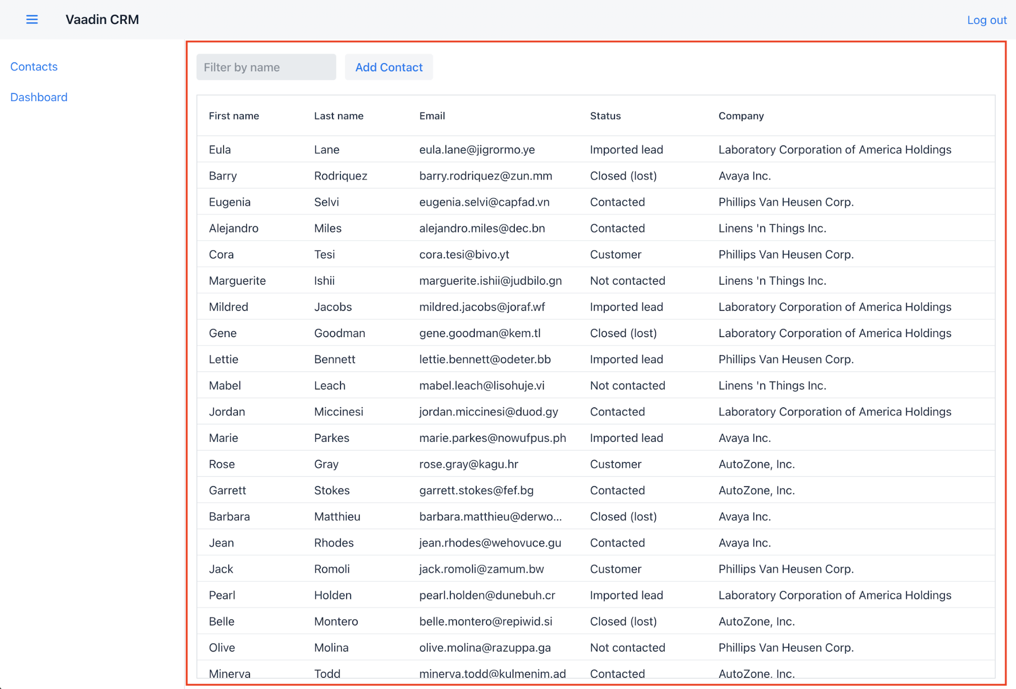 The contact list view consists of a Grid