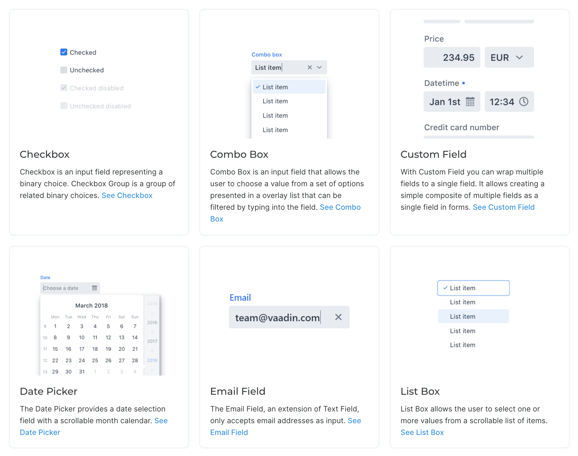 A grid of Vaadin components